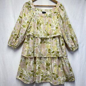 Who What Wear Square Neck Bishop 3/4 Sleeve Tiered Lined Dress Women XS Floral